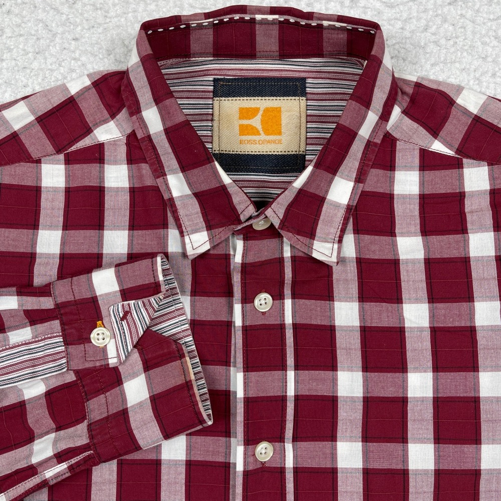 Hugo Boss Button Down Shirt Mens M Red White Gingham Cliffe Check Casual Preppy